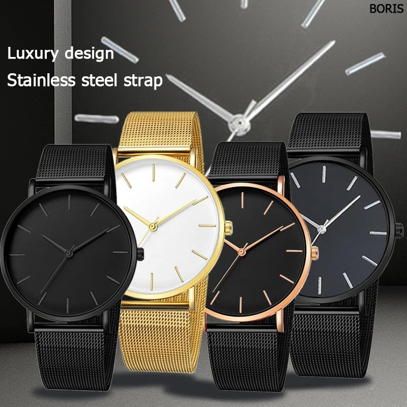Mens Ultra Thin Quartz Watch Minimalist Stainless Steel Mesh Strap Business Watc