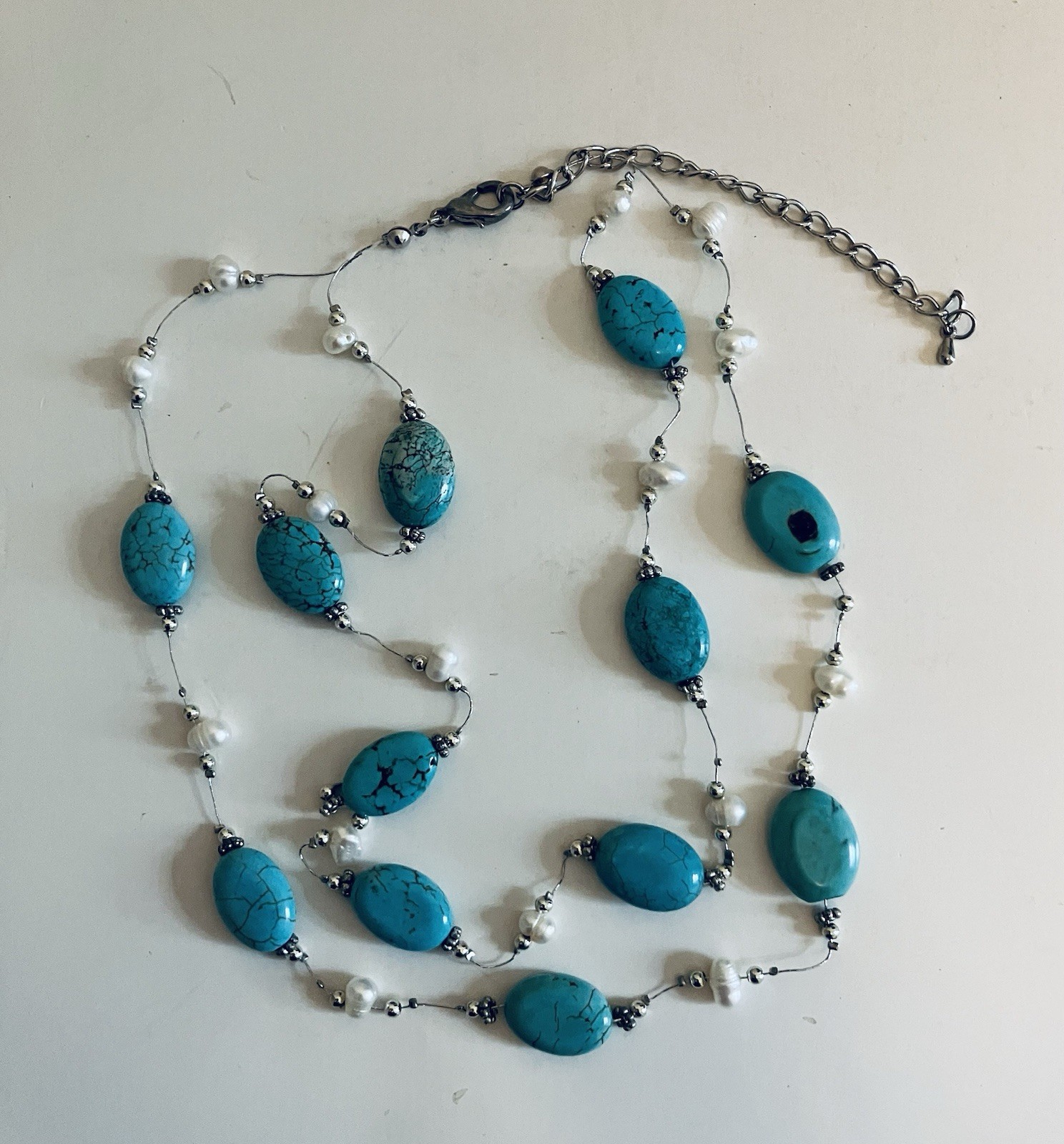 Turquiose Color Faux Pearl and Silver Two Strand Necklace and Earring Set New