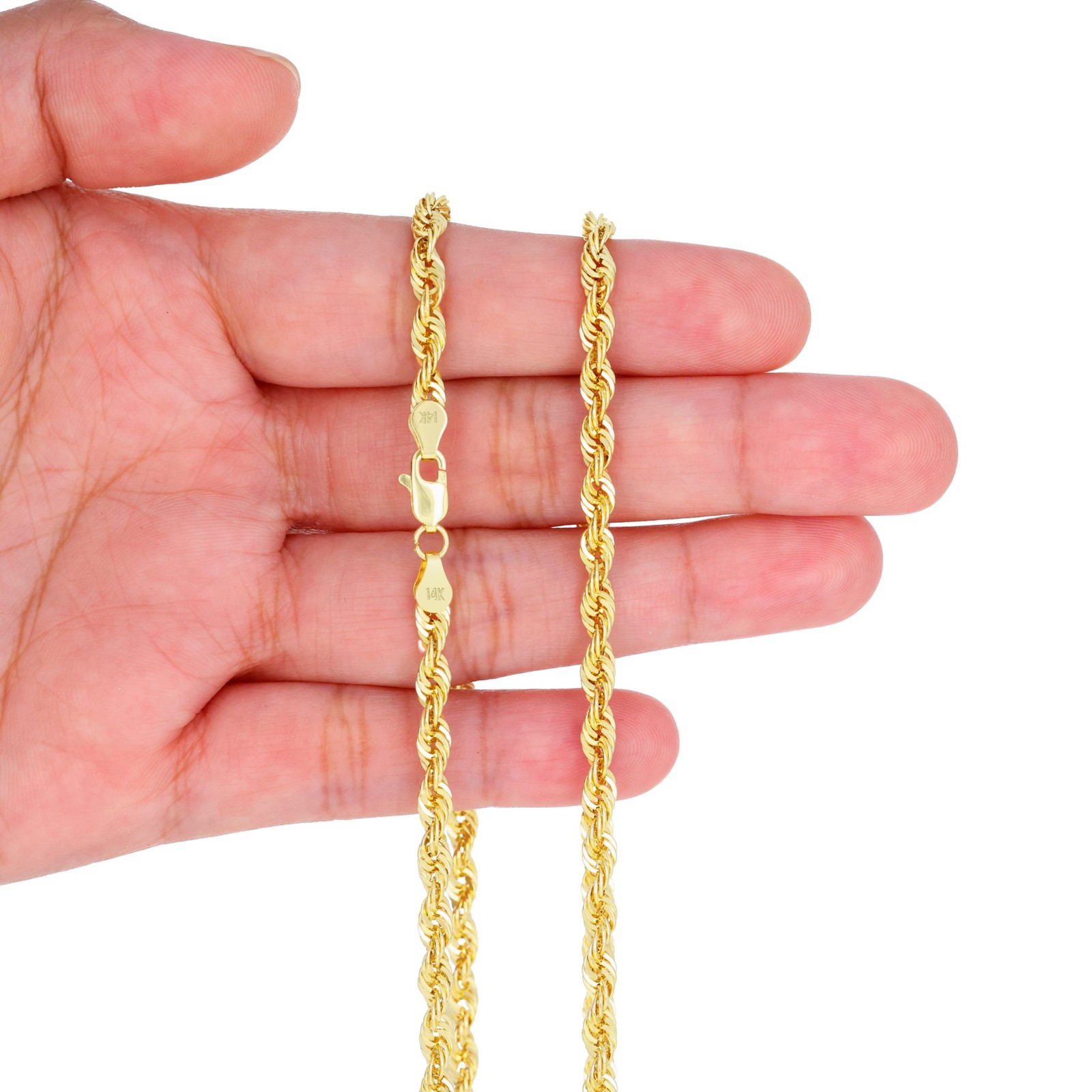 14K Yellow Gold 1mm-4mm Laser Diamond Cut Rope Chain Necklace Men Women 16″- 30″