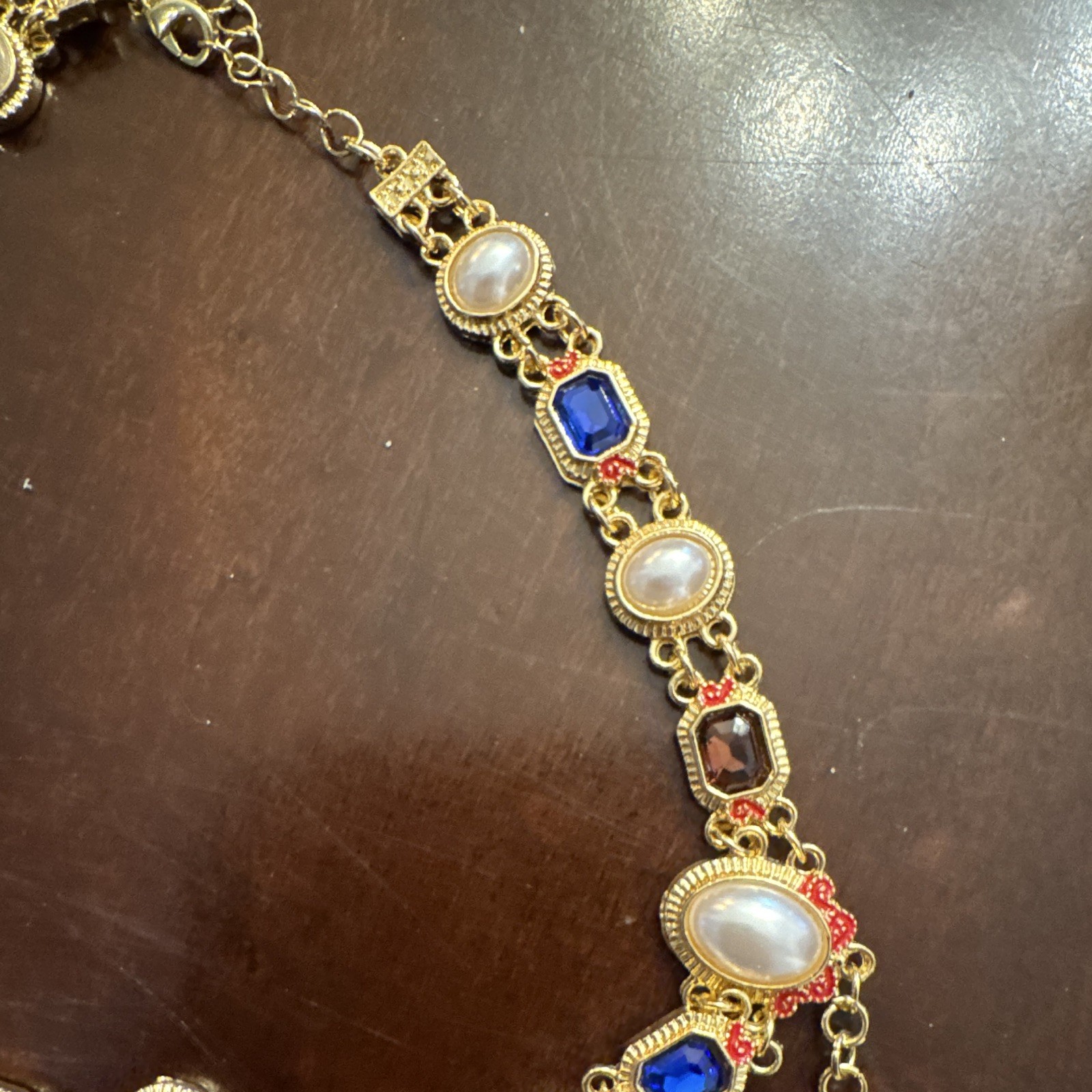 Gold Tone Statement Multi-Strand Necklace Simulated Pearls Crystal Teardrop