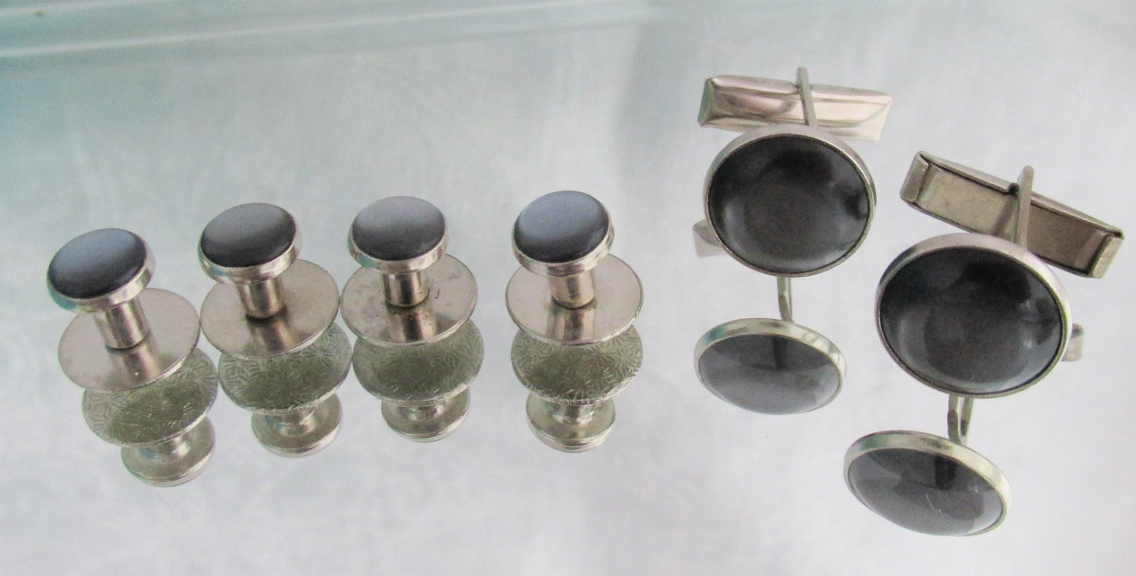 Vintage Luminous Grey Silver Plate Cufflinks Studs Set Special Occasion Wed Prom