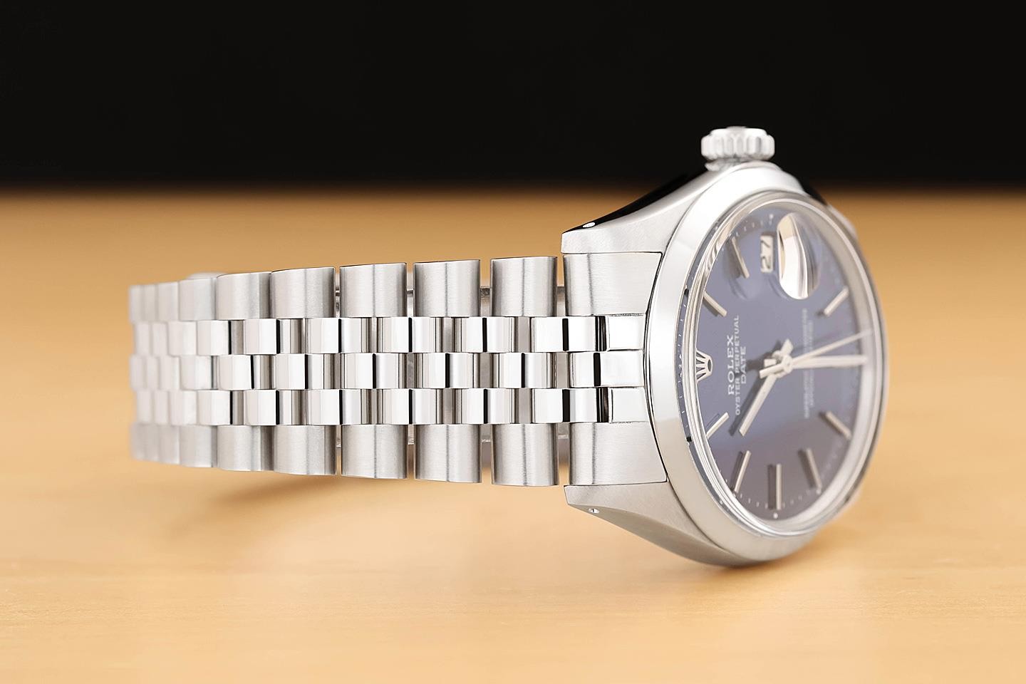 ROLEX MENS OYSTER PERPETUAL DATE 1500 34MM BLUE DIAL STEEL JUBILEE WATCH
