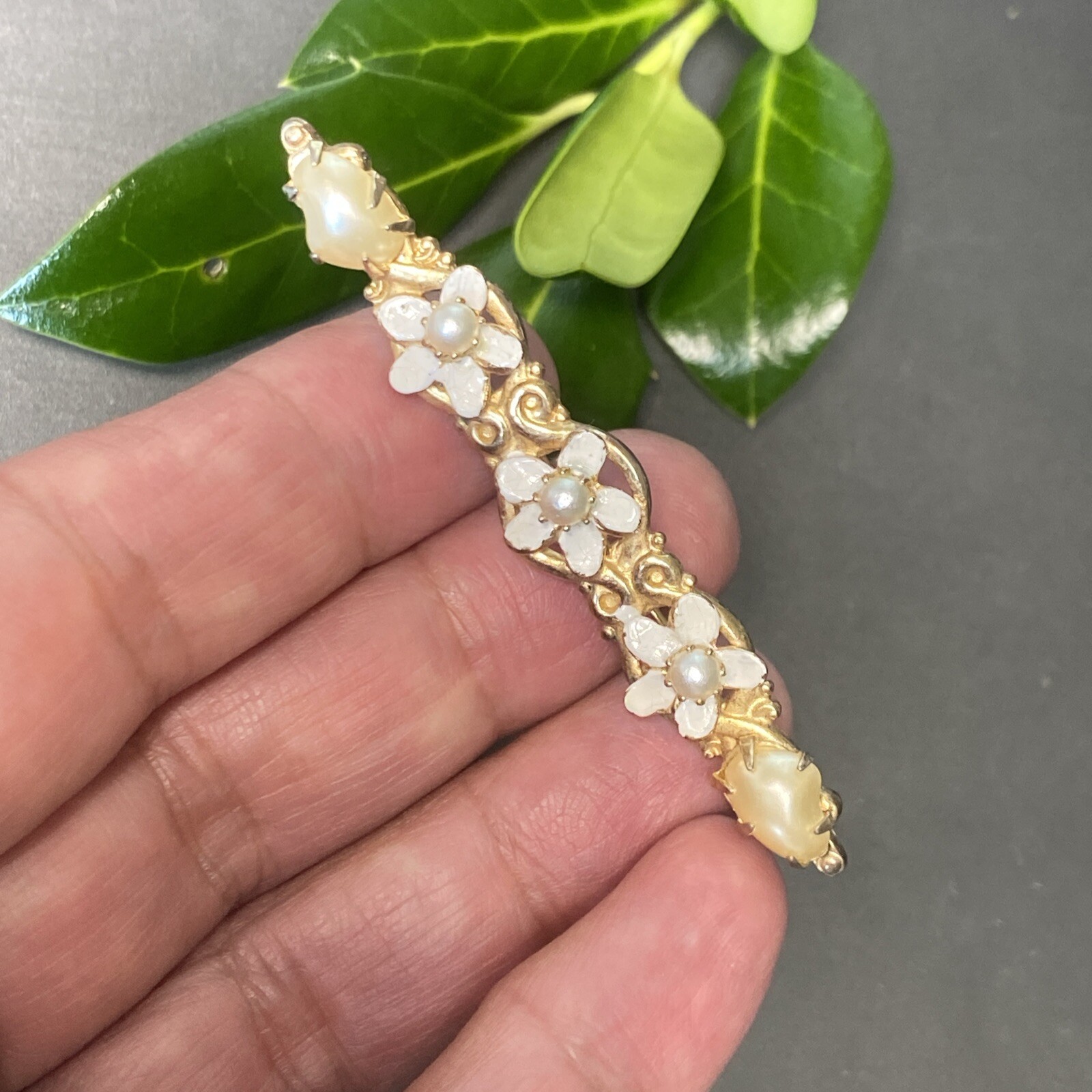 Vintage Pearl Bar Brooch Estate Fine Jewelry Pre-owned Sterling Silver Vermeil