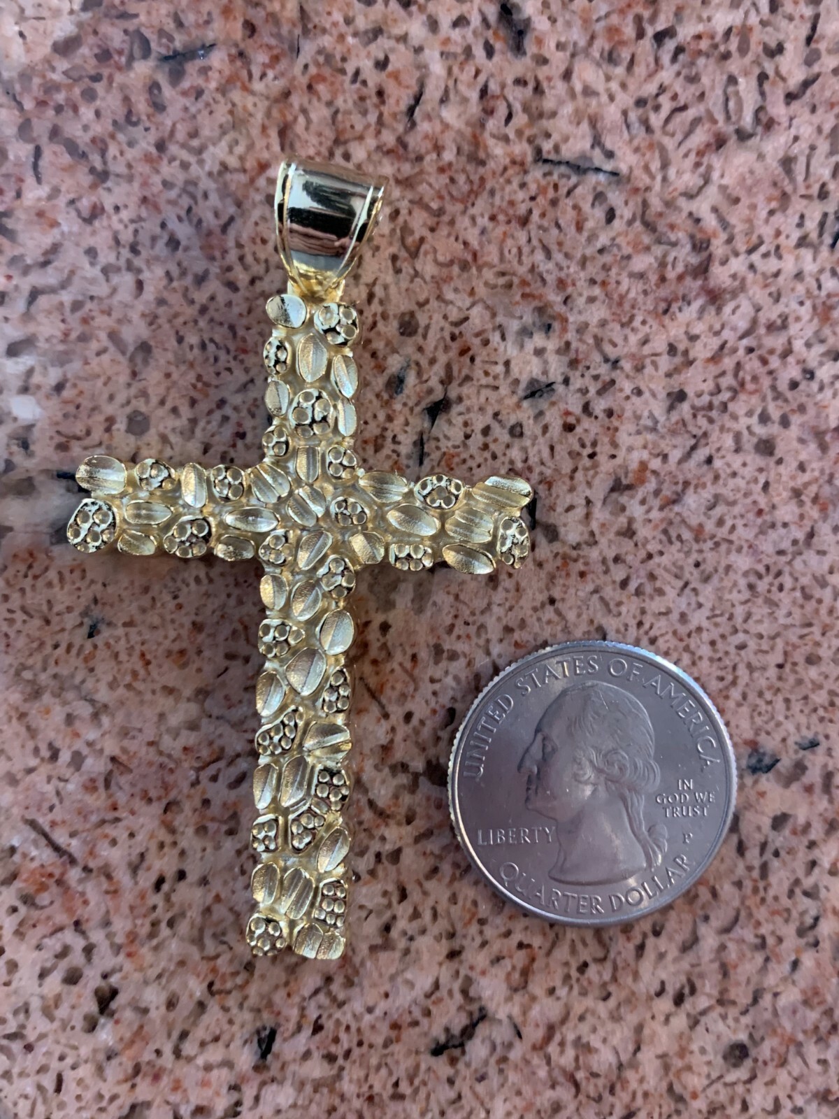 Mens Large Gold Nugget Cross 14k Gold Plated Solid 925 Silver Necklace Chain