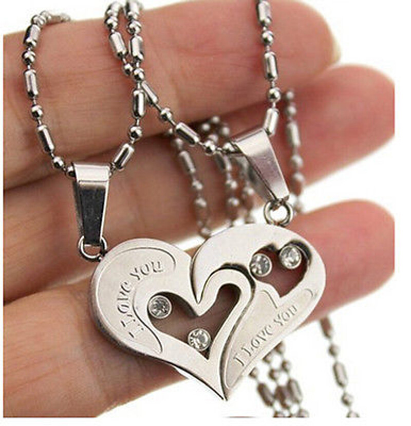 Fashion Silver Love Couple Pendant Necklace Women Men Jewelry Gift Matching Set