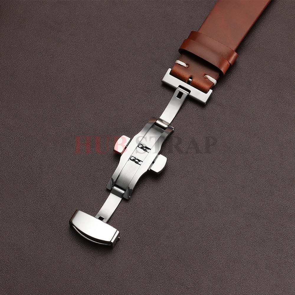 Genuine Leather Butterfly Buckle Watch Bands 18/20/22mm Waterproof Retro Oil Wax