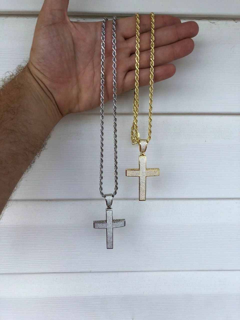 Mens Solid 925 Silver Cross Pendant Real ICED 3ct CZ 14k Gold Plated Rope Chain