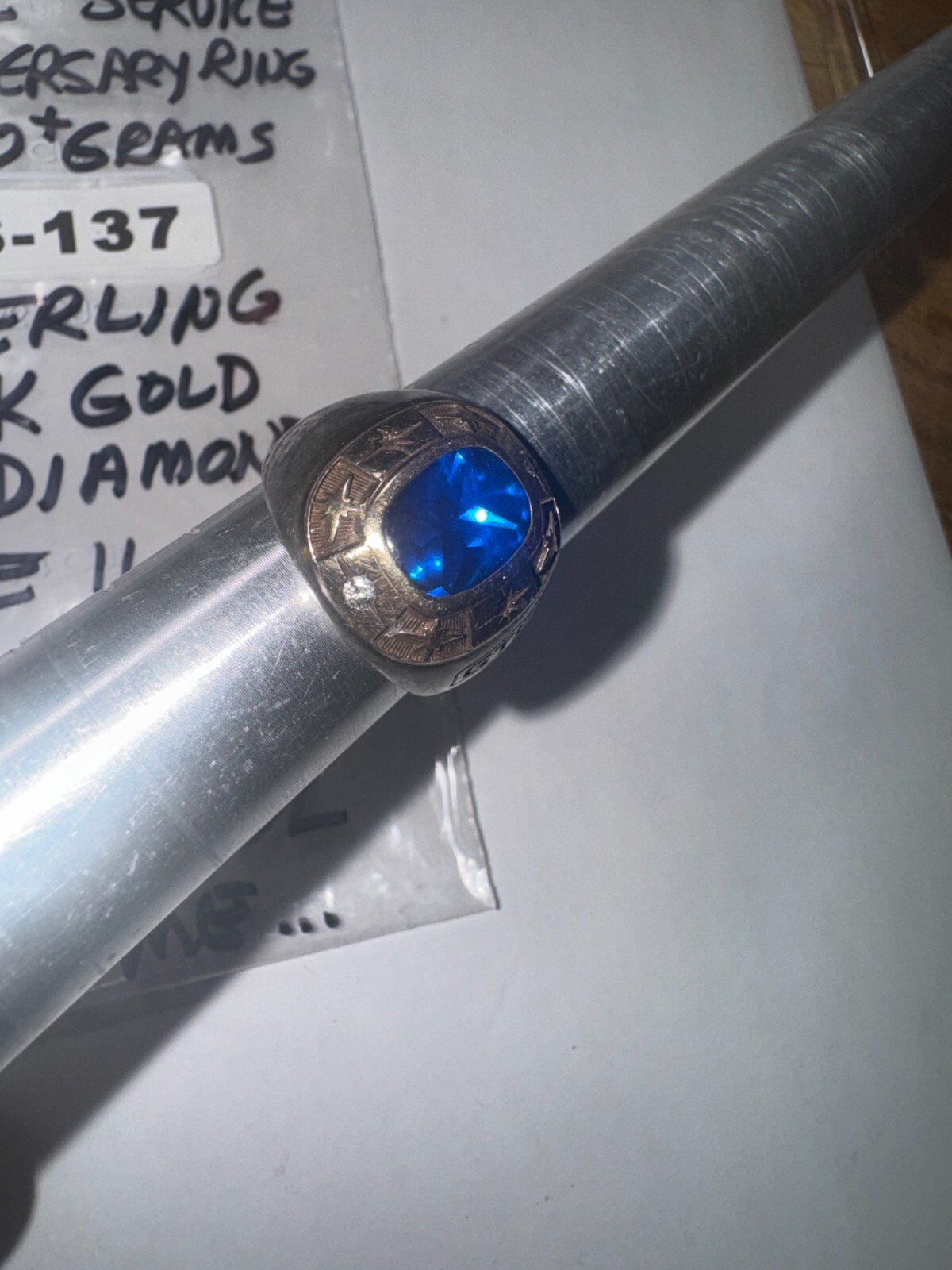 GTE Service Ring: Sterling & 14K Gold w/2 Diamonds & Blue Stone Very Cool SS-137