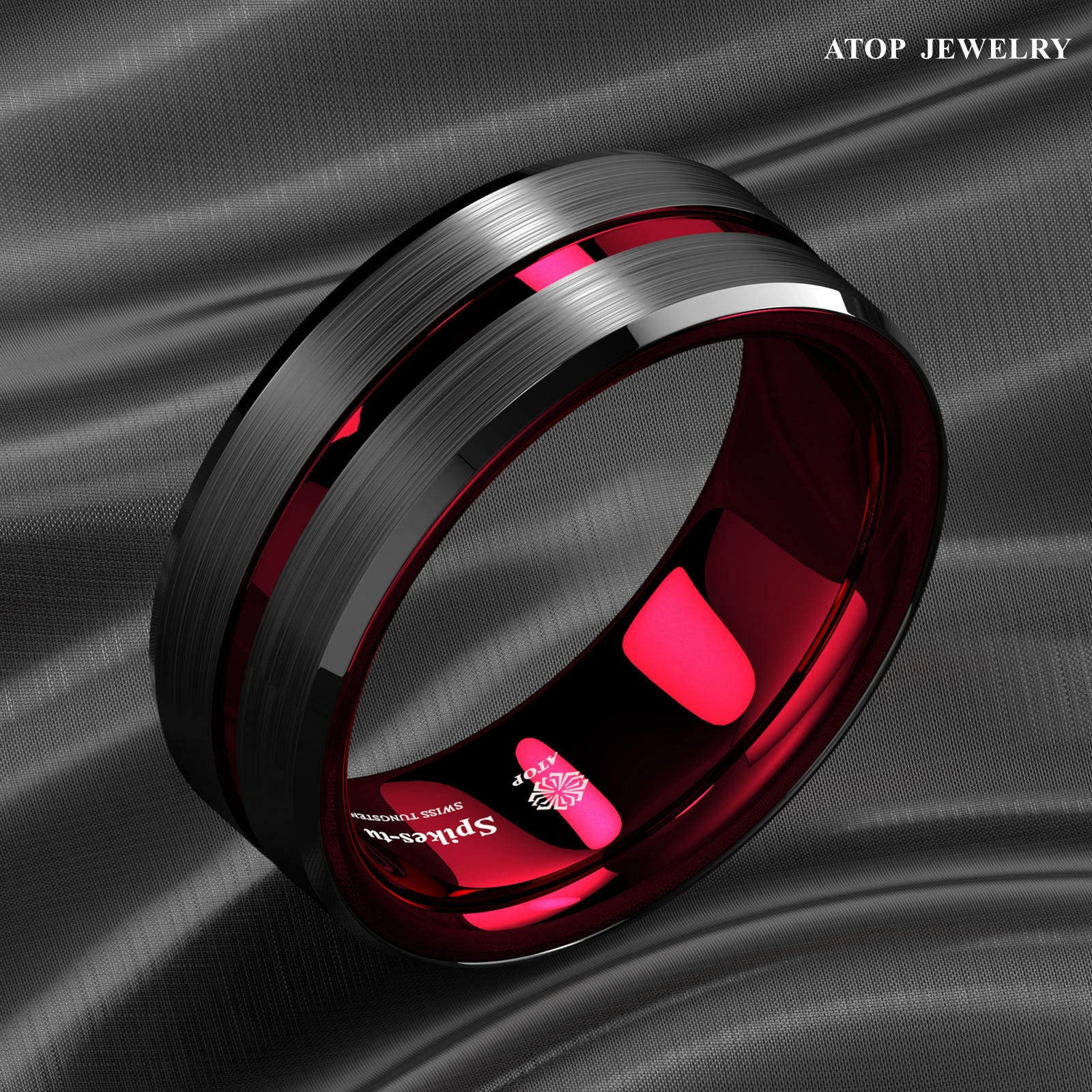 8/6mm Black Tungsten Carbide Thin Red Line Wedding Band Ring ATOP Men’s Jewelry