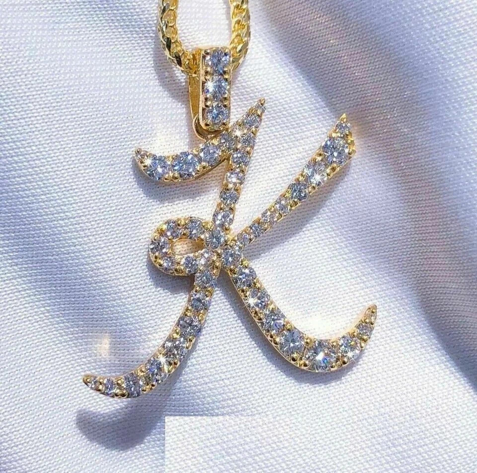 2Ct Round Real Moissanite Men’s Custom K Letter Pendant 14K Yellow Gold Plated