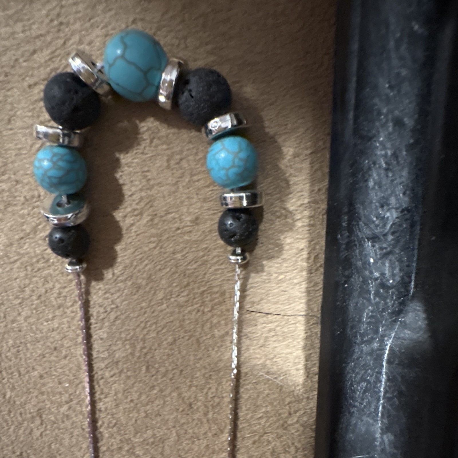 Silver Tone Cable Chain Beaded Necklace, Blue & Black Round Stones, Adjustable