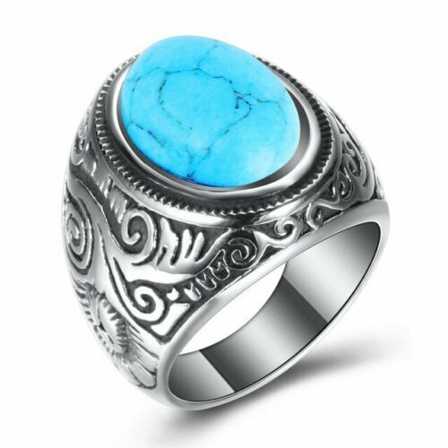 MENDEL Mens Oval Turquoise Stone Ring Men Stainless Steel Size 7 8-15