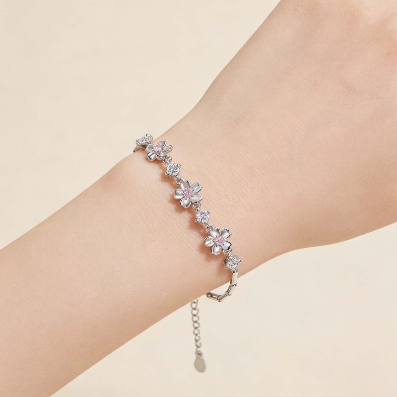 925 Silver Plated Cherry Blossom Pink Zircon Bracelet Women’s Sweet Bangle