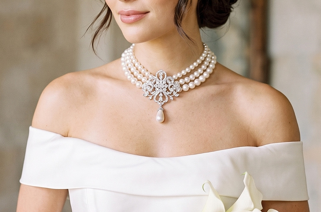 pearl necklace thriple strand 17″ Teardrop Pendant