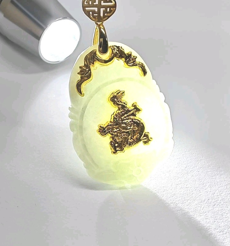 Certificated Dragon Jade Pendant 24K Gold Coated with silver hook 镀千足金玉吊坠龙生肖翡翠A货
