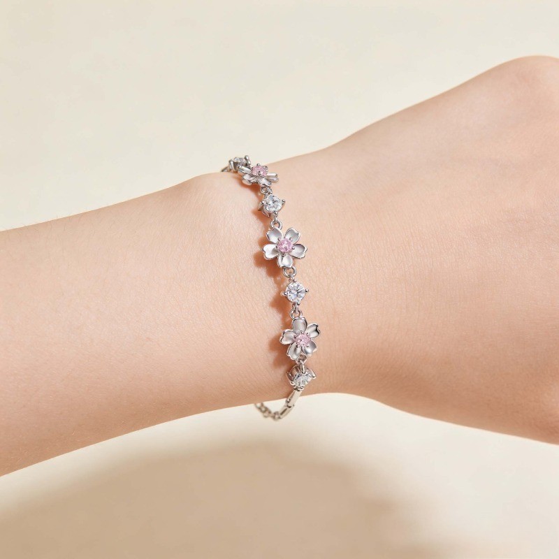 925 Silver Plated Cherry Blossom Pink Zircon Bracelet Women’s Sweet Bangle