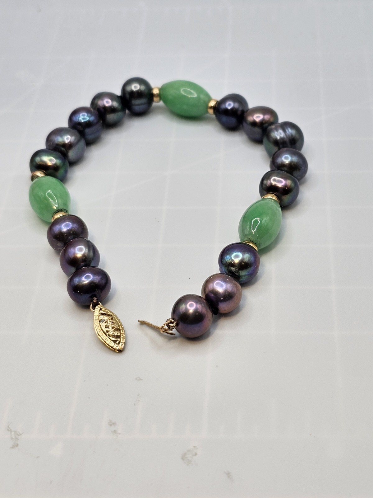 14K PJS VINTAGE BRACELET PEACOCK COLORED PEARLS JADEITE STONES 8 IN