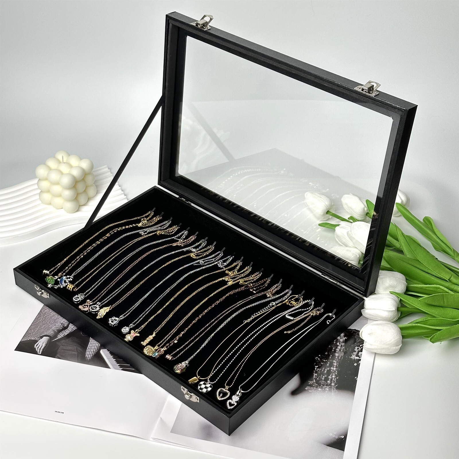 Black 20 Hooks Velvet Necklace Organizer Box Necklace Holder Tray with Clear Lid