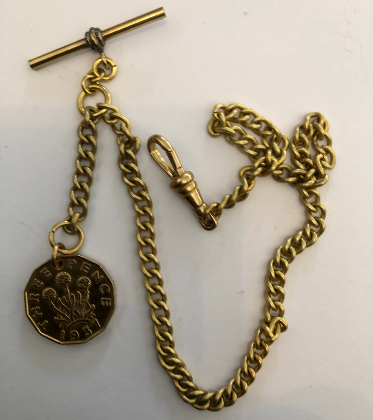 vintage type solid brass single albert pocket watch chain three pence 3d fob