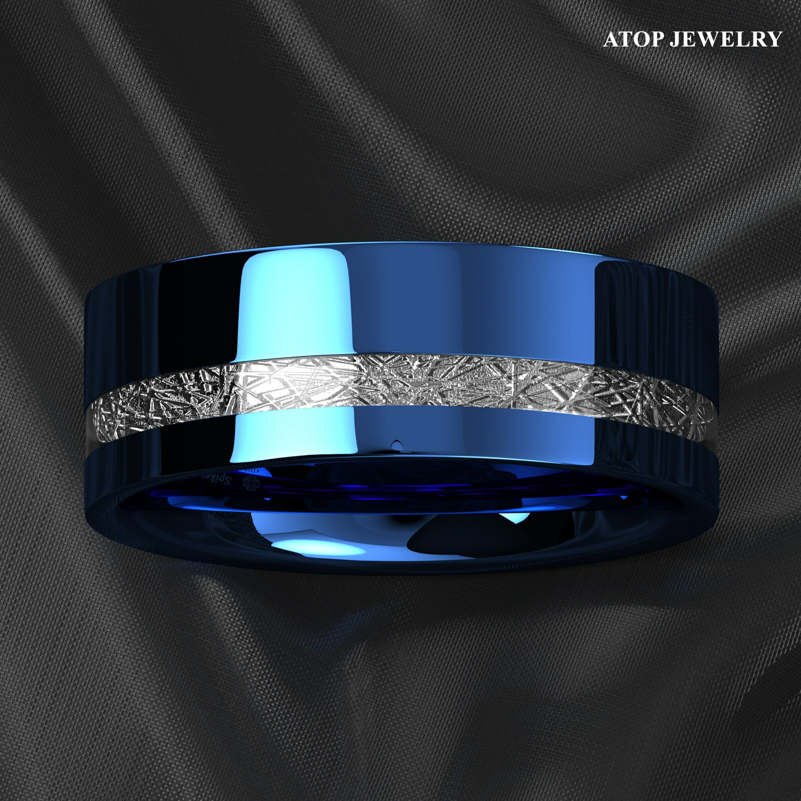 8mm ATOP Blue Tungsten Ring 925 Silver Inlay for Mens Comfort-fit Wedding Band