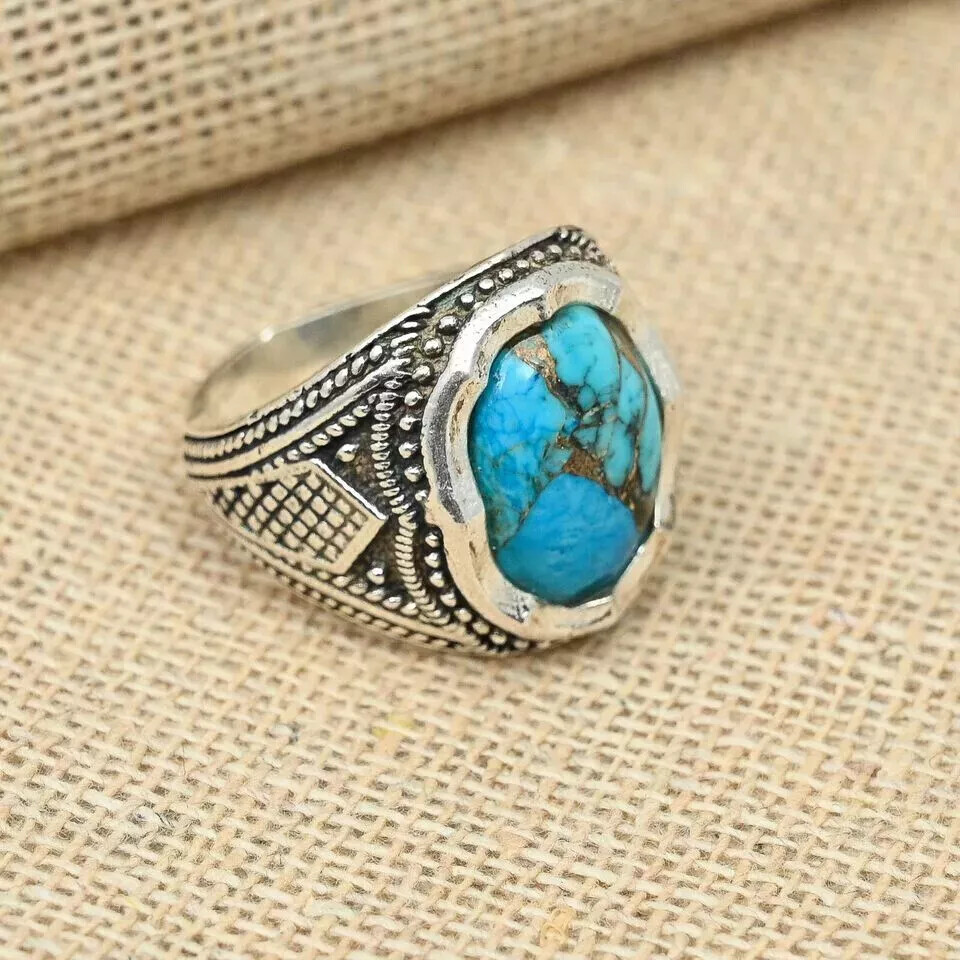 Blue Copper Turquoise Gemstone Ring 925 Sterling Silver Men’s Ring All Size D83