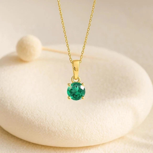 1Ct Round Cut Simulated Diamond Emerald Solitaire Pendant 14k Yellow Gold Plated