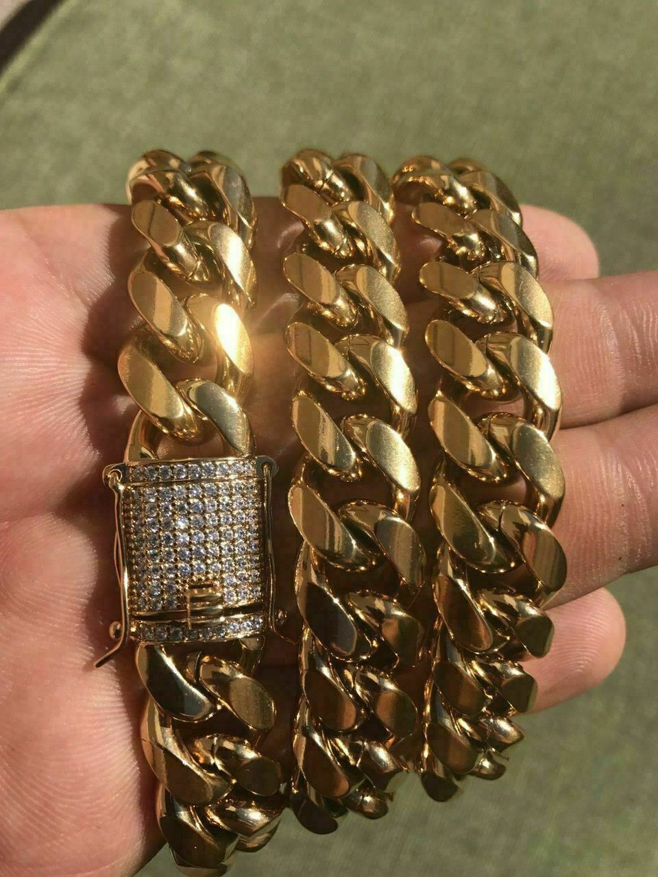 Miami Cuban Link Chain 18k Gold Plated Stainless Steel 14mm CZ Clasp Big Hip Hop