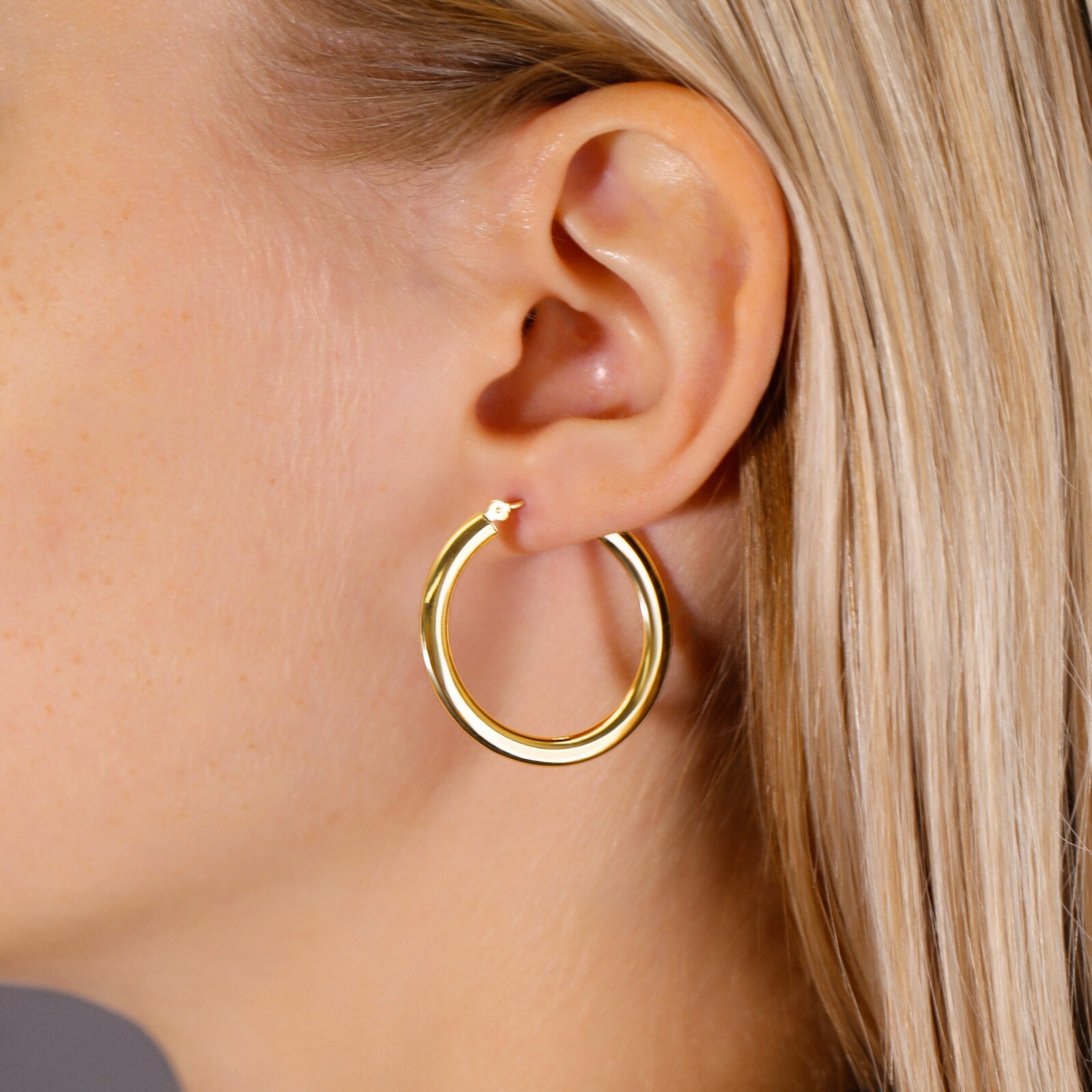 14K Real Solid Yellow Gold Shiny Polished Flat Tube Chunky Creole Hoop Earrings