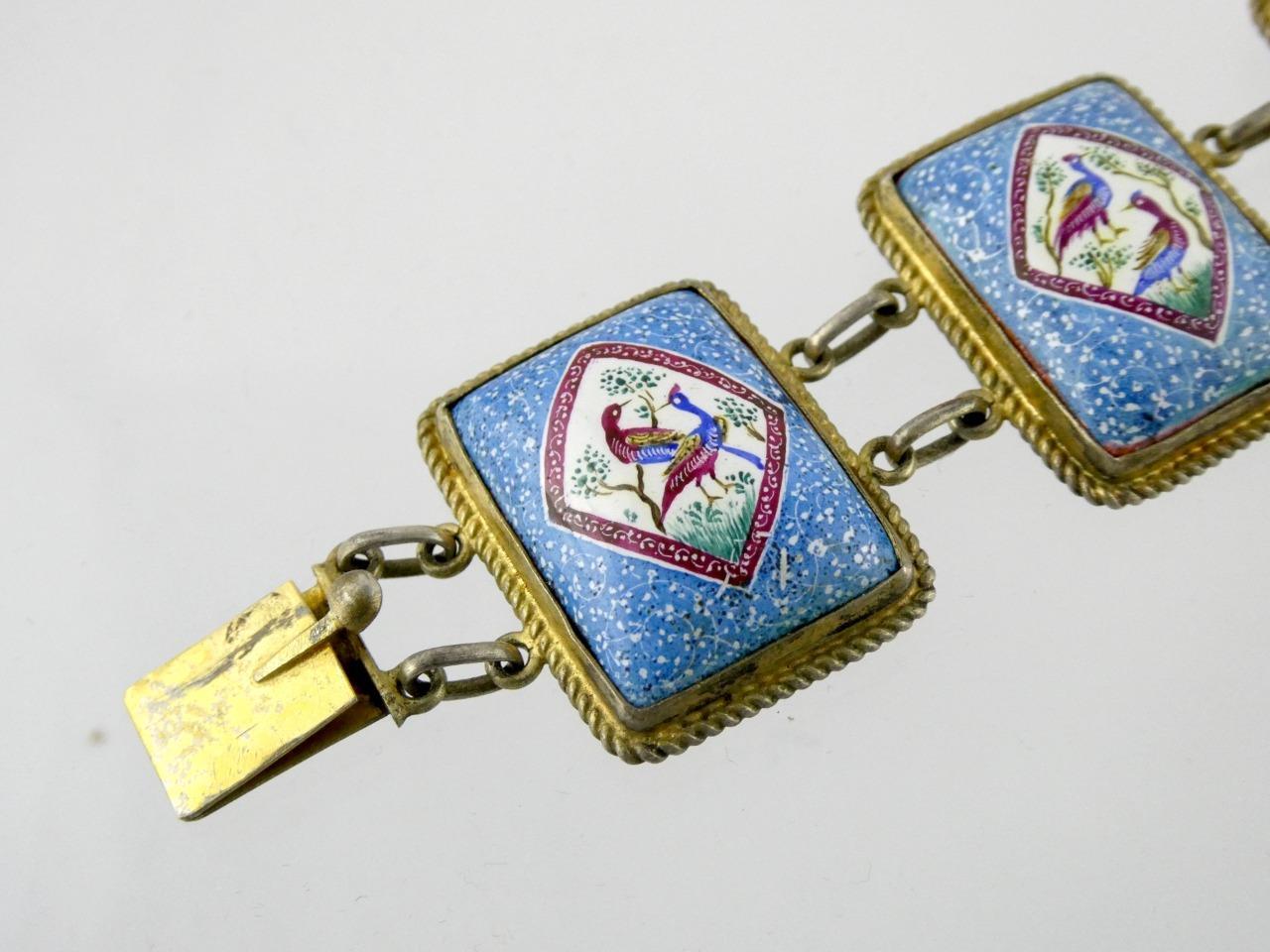 Vintage Sterling Silver Enameled Porcelain Panel Bracelet Bird Designs 6 7/8 In