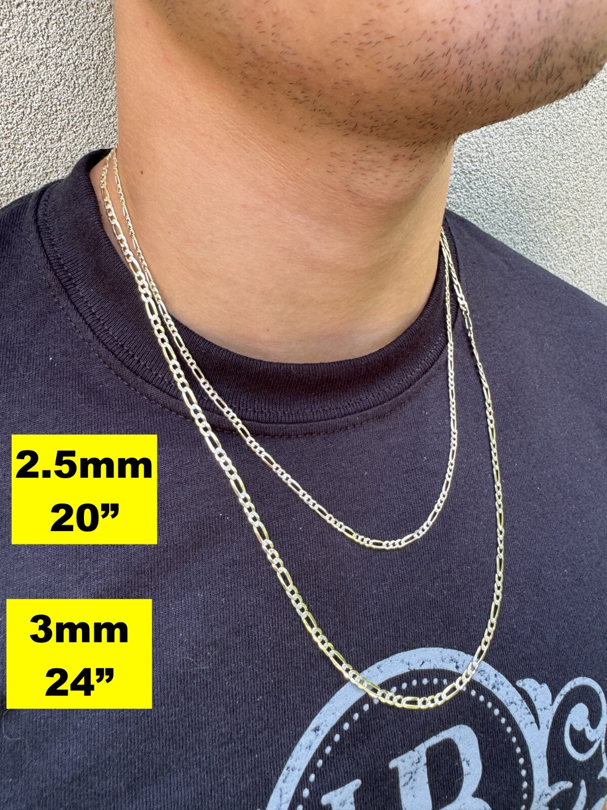 14k Gold Plated Solid 925 Sterling Silver Figaro Link Chain Two Tone Diamond Cut