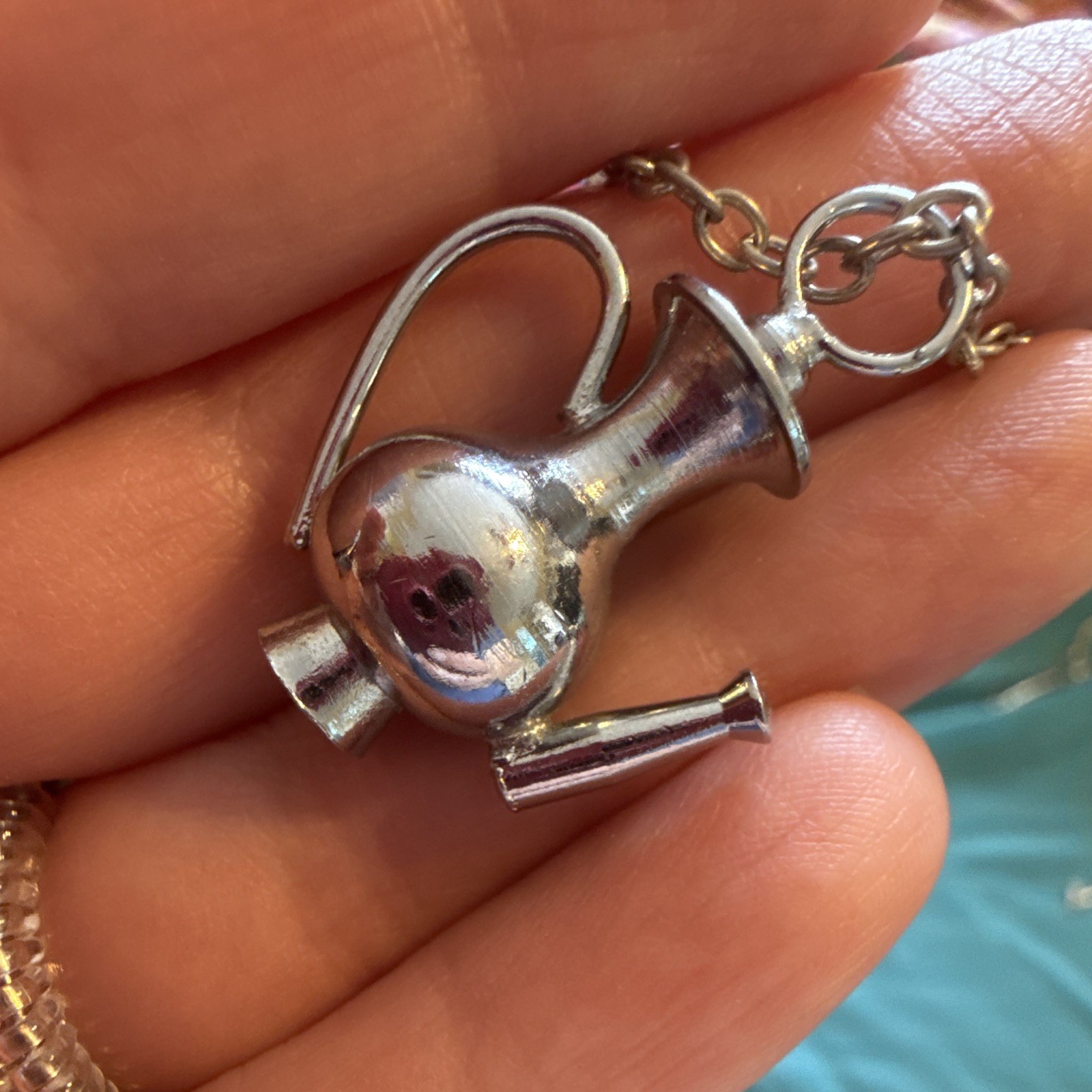 Silver Tone Teapot Charm Pendant Necklace Cable Chain Spring Ring No Stone