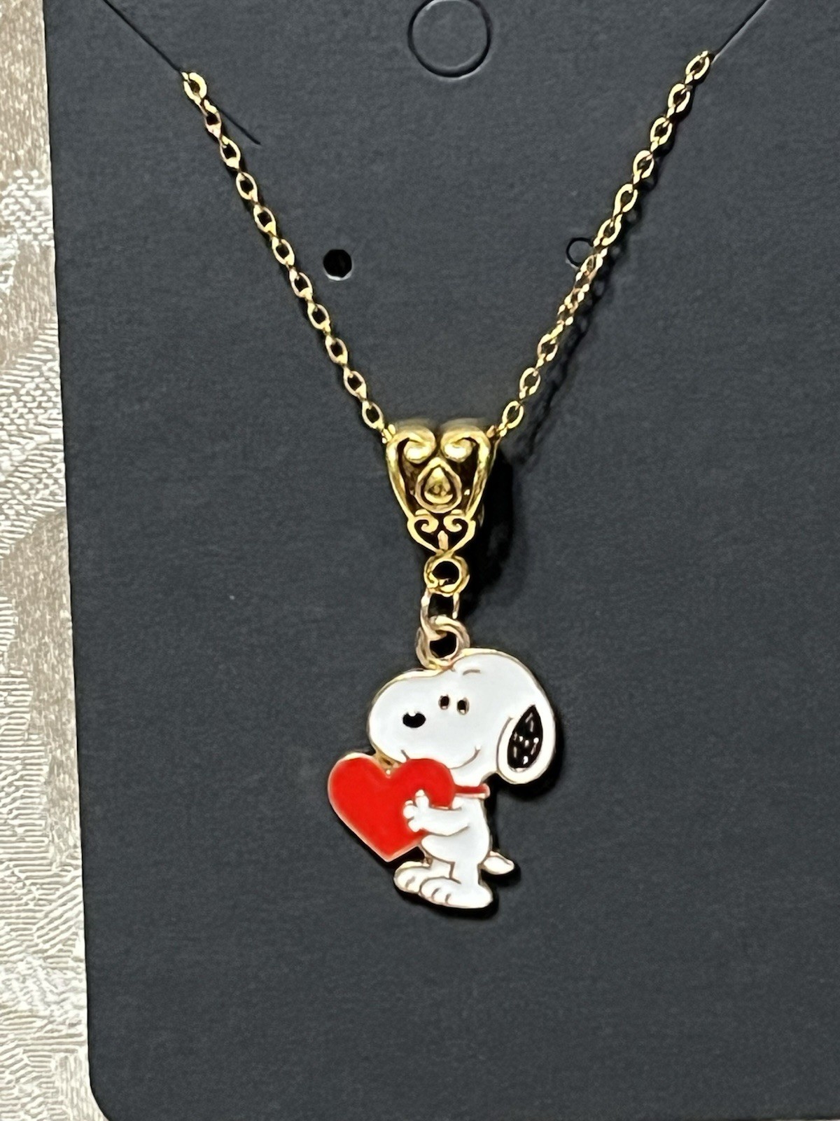 Snoopy Heart Love Gold Enamel Charm Pendant Fashion Fun Boho Gold Necklace 18”