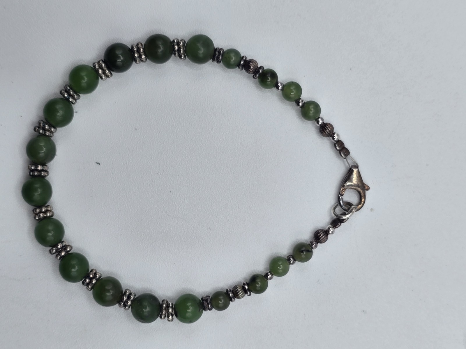 Vintage 925 Sterling Silver Natural Green Gemstone Beaded Bracelet 7″ Estate