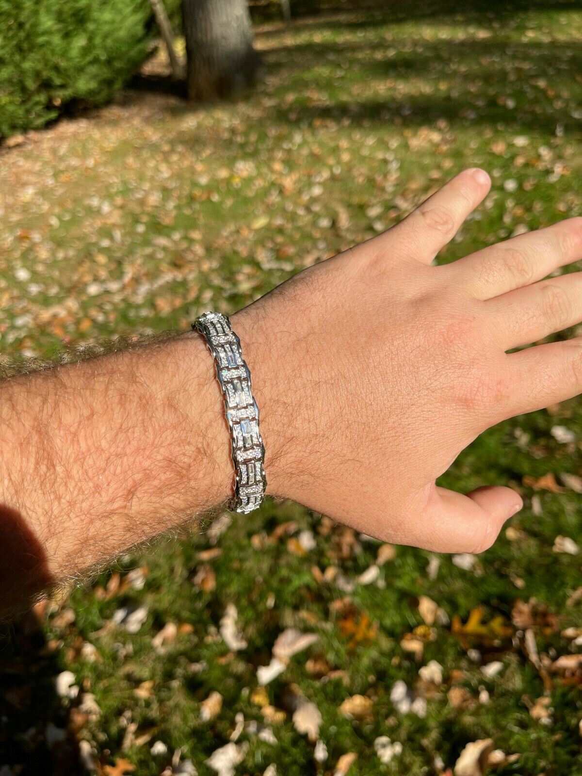 Men’s Real 925 Sterling Silver Iced Baguette Hip Hop Bust Down CZ Bracelet
