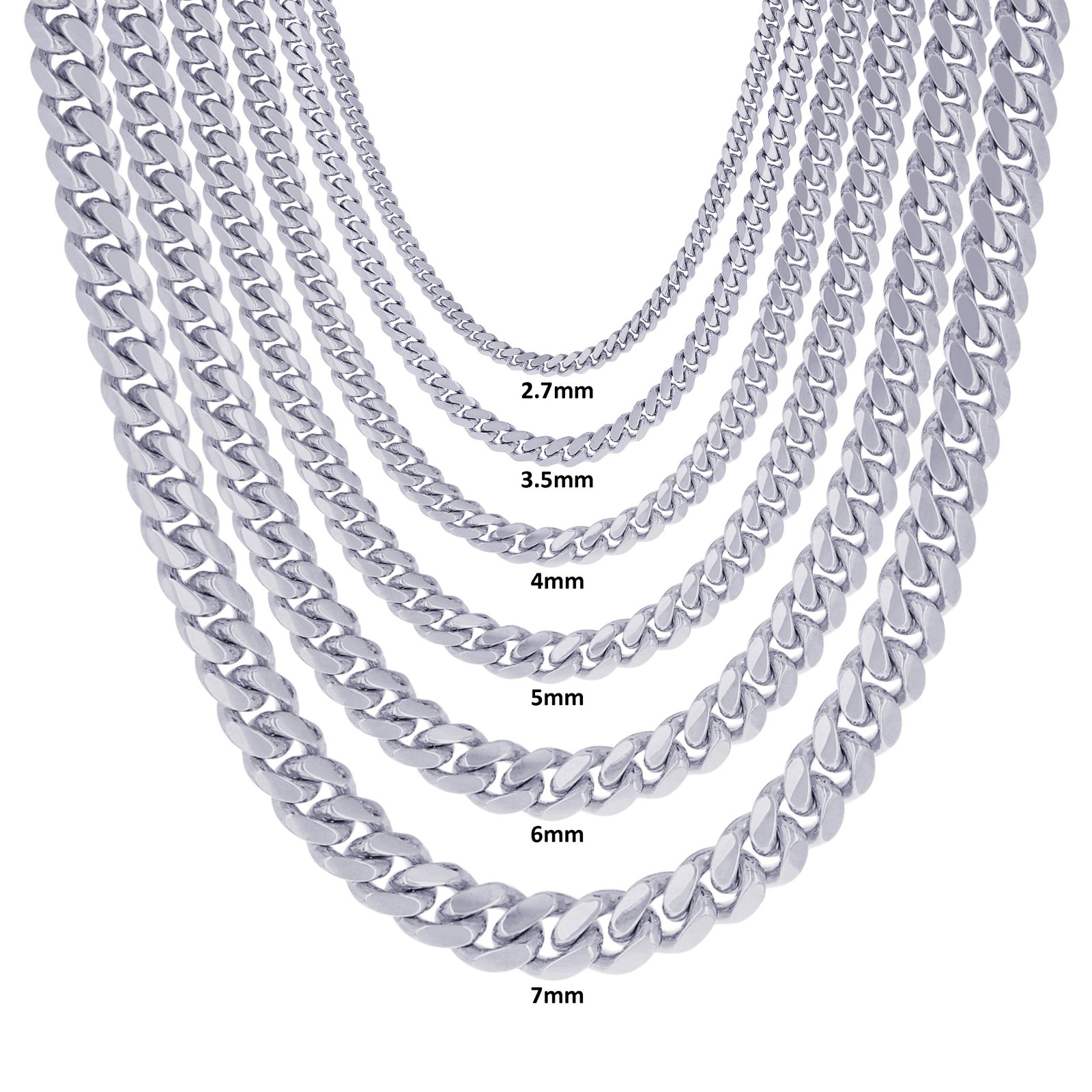 14K White Gold Solid 2.7mm-7mm Miami Cuban Link Chain Necklace Bracelet 7″-30″