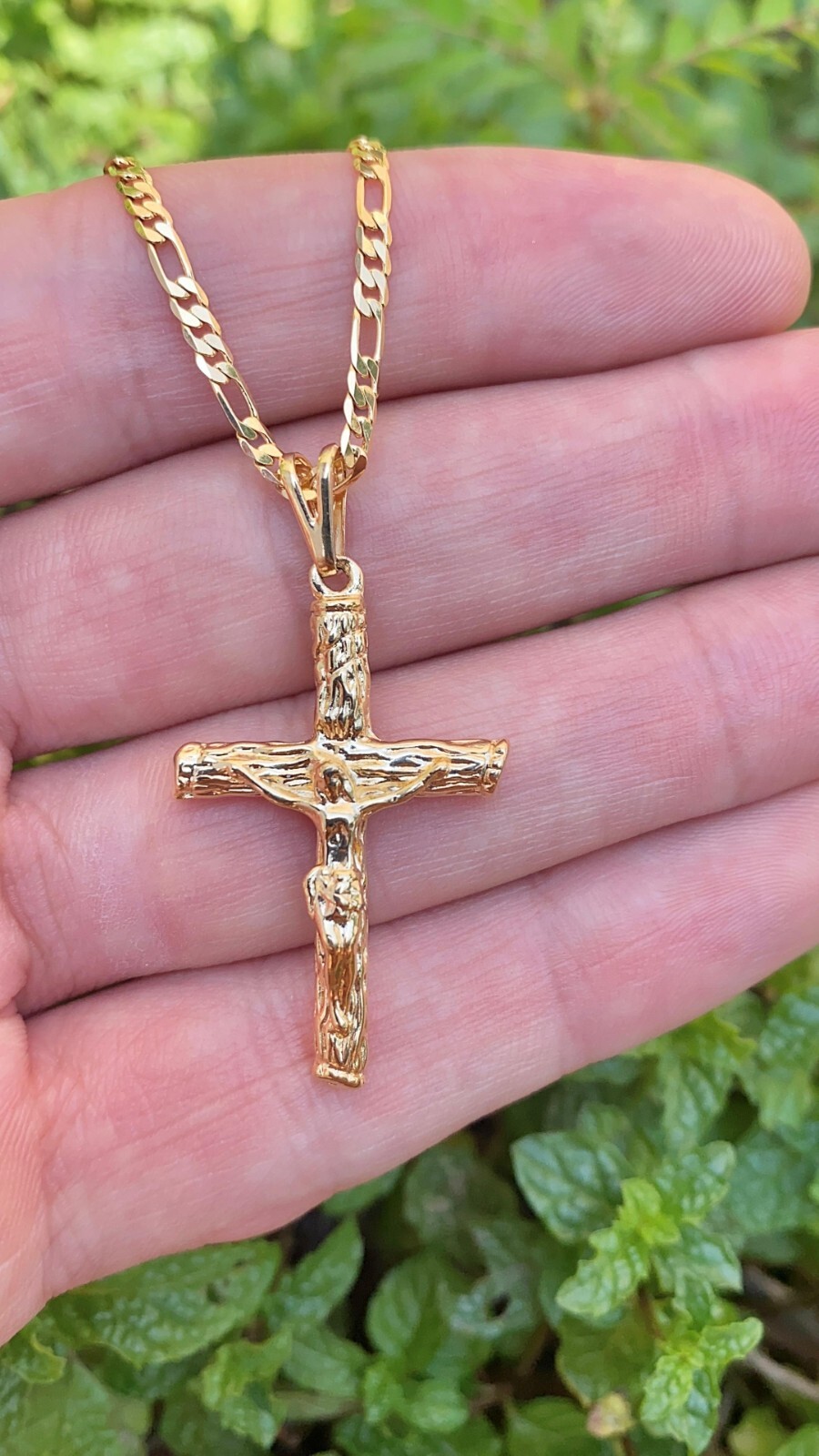 14K Gold Filled Cross Necklace CZ Figaro Chain Mens Womens Crucifix Cadena Cruz