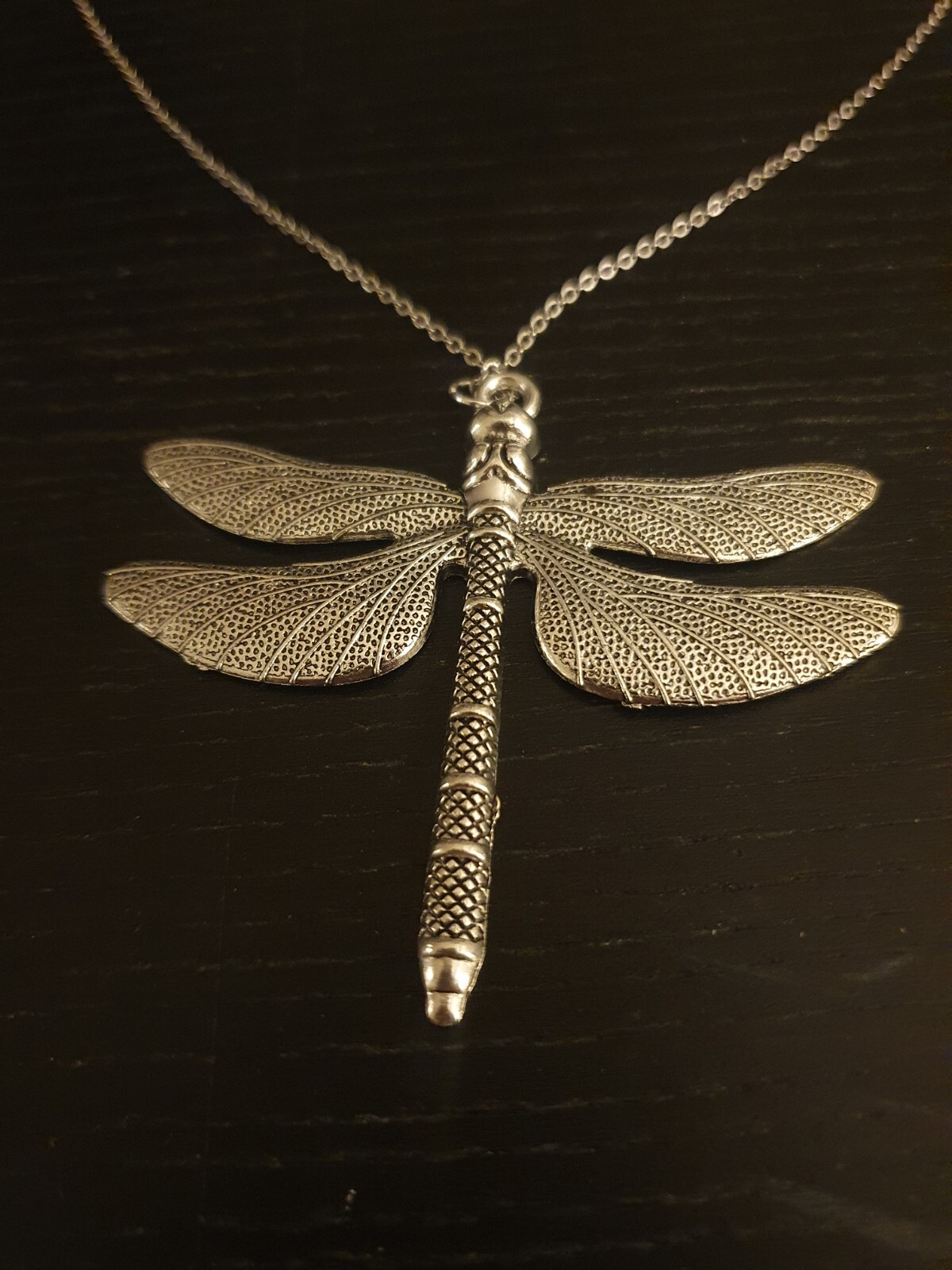 Large Dragonfly Pendant Necklace Silver tone 22 in