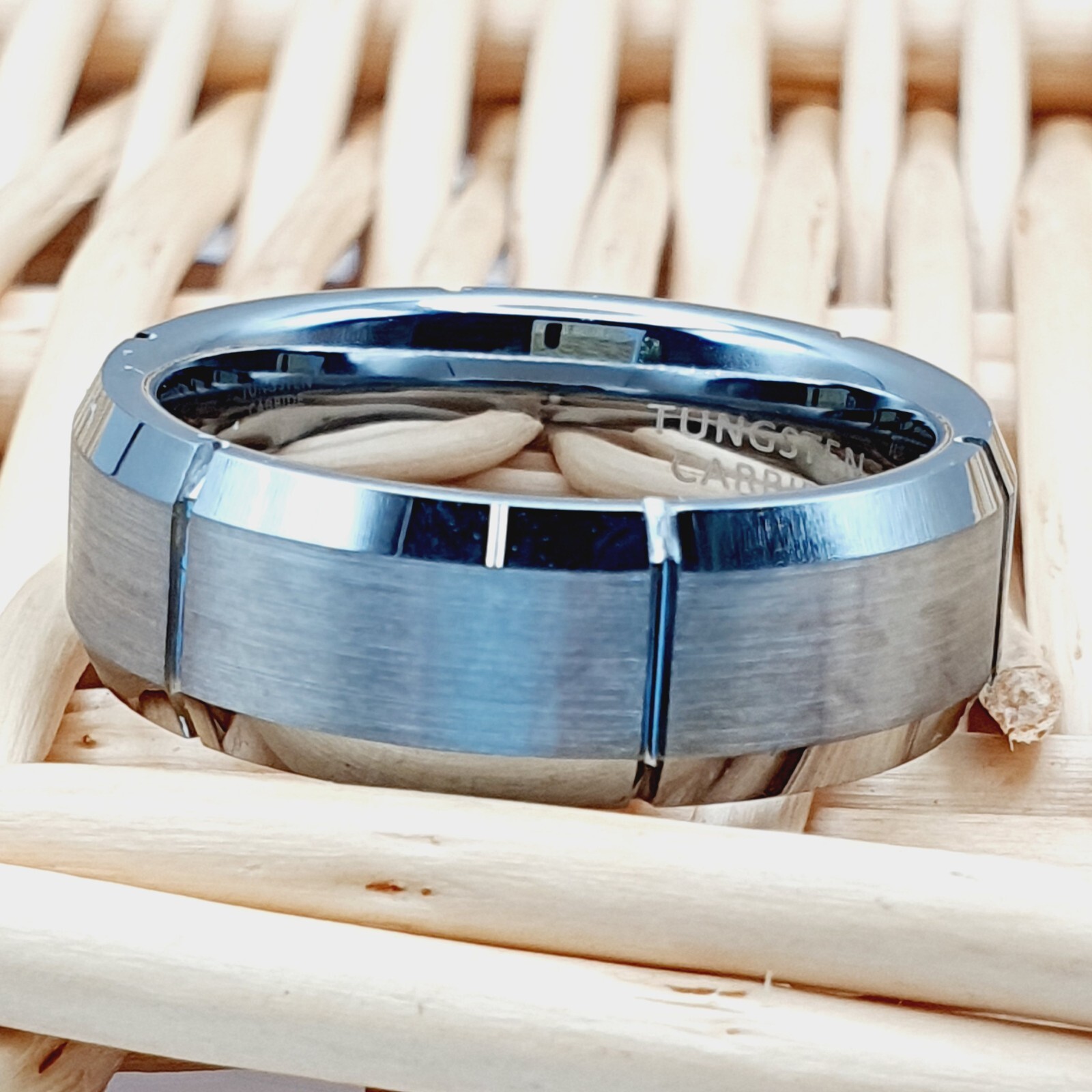 High Polished Beveled Edges Men’s Wedding Band Tungsten Ring Satin Brushed Ring