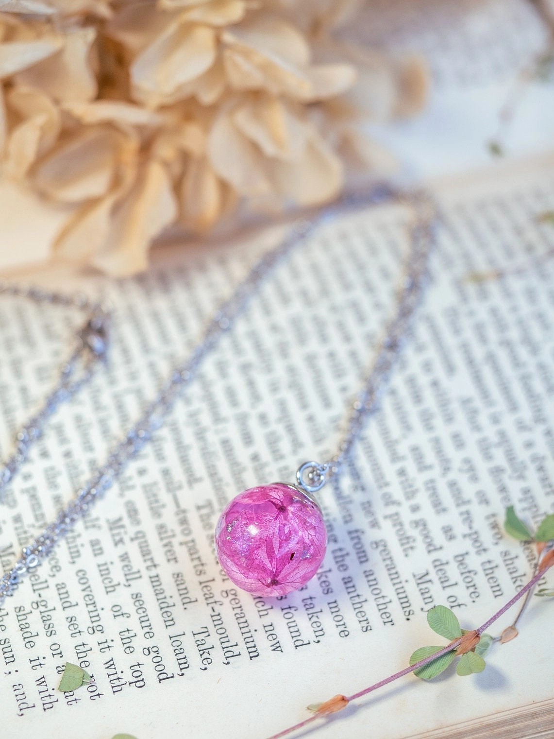 **Dried Hydrangea Resin Orb Necklace Whimsical Fairy Pressed Flower Pendant**