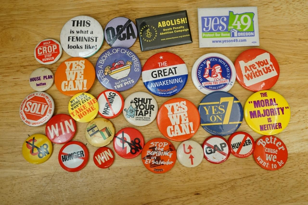 Vintage Lot Pinback Buttons Protest Political Environment Stop Hunger Yes We Can