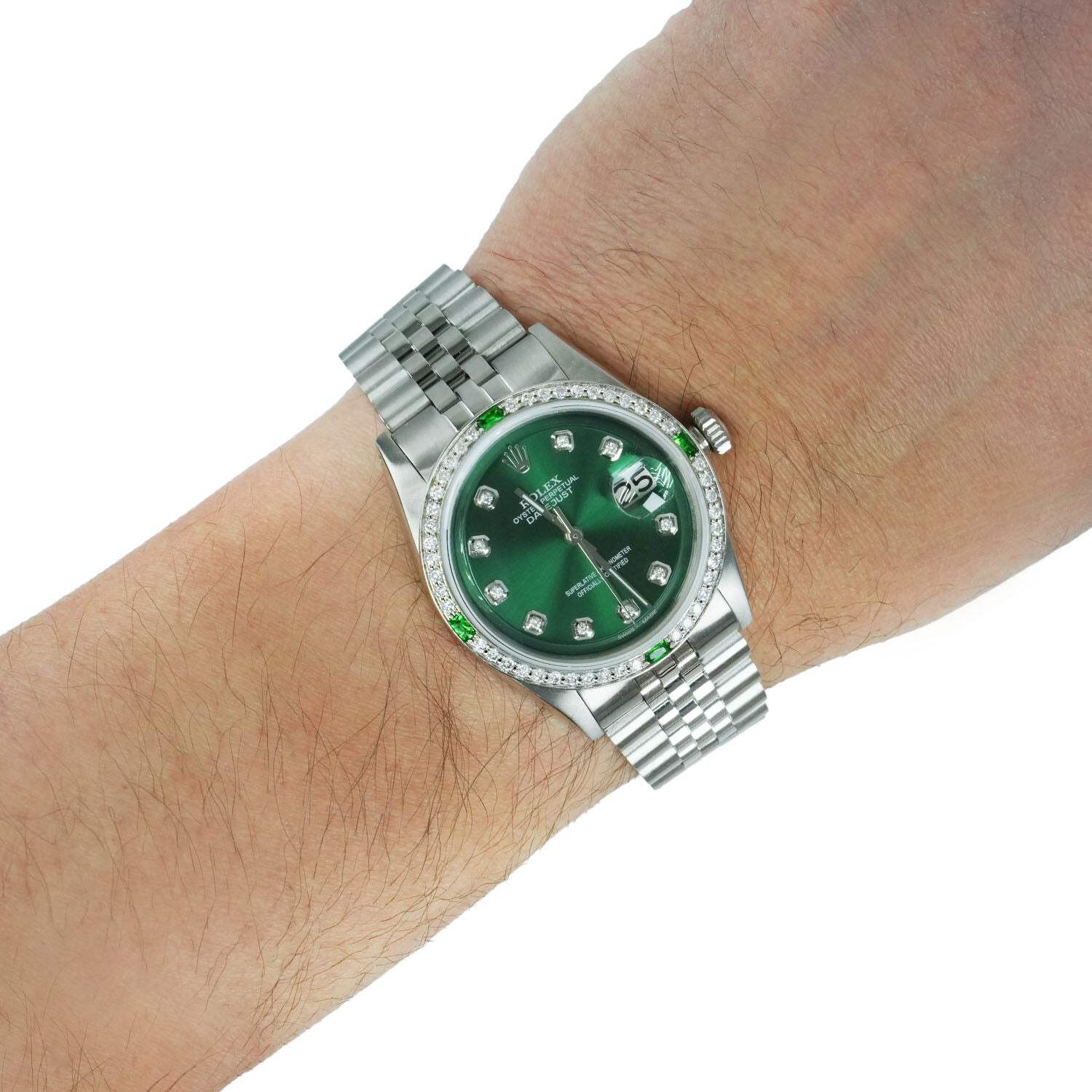 Rolex Datejust 1603 36mm Green Dial 18K White Gold Diamond Emerald Watch
