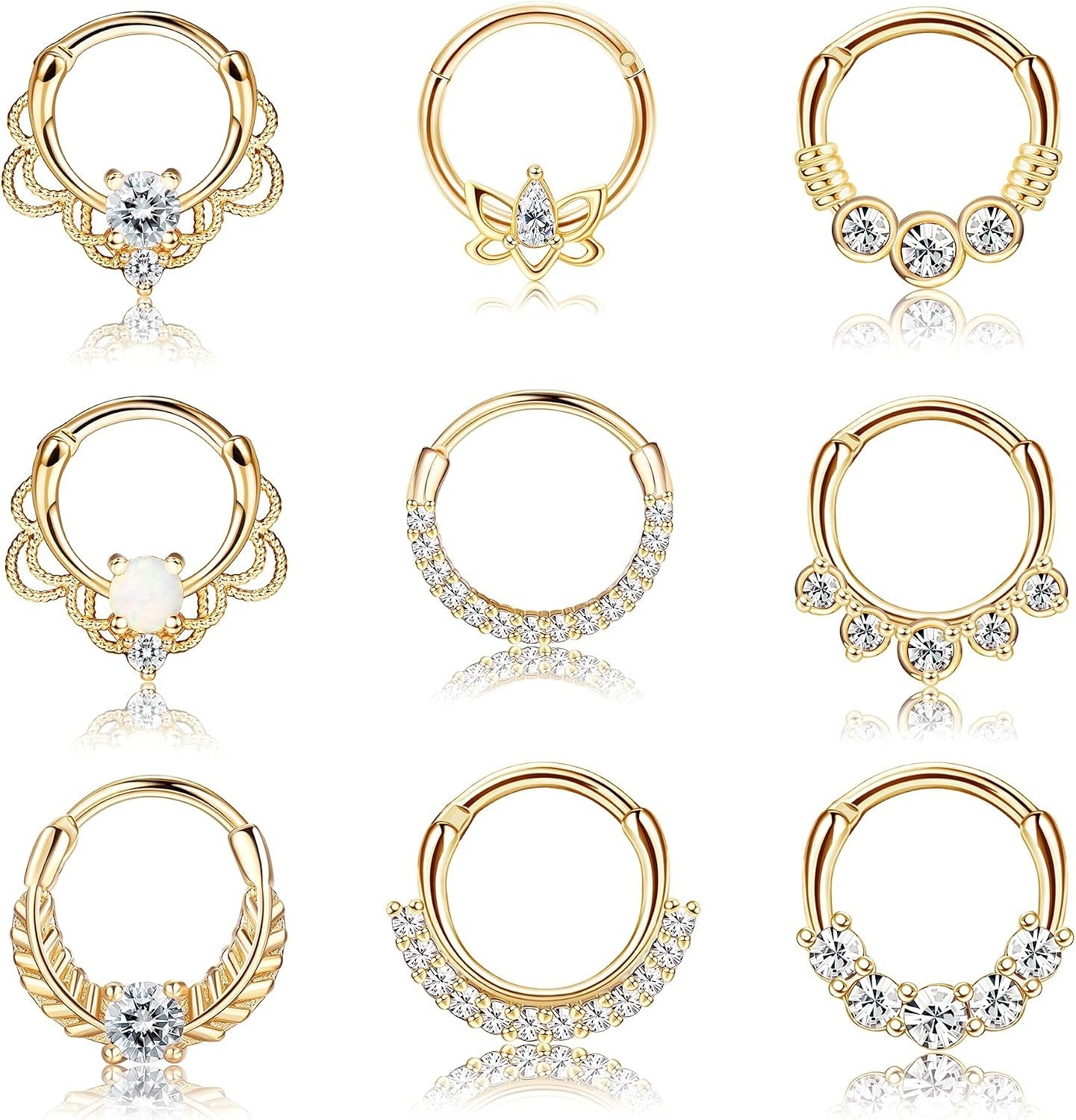 9PCS 16G Septum Rings Opal Daith Earrings Hoop Nose Rings 316L Stainless Stee…