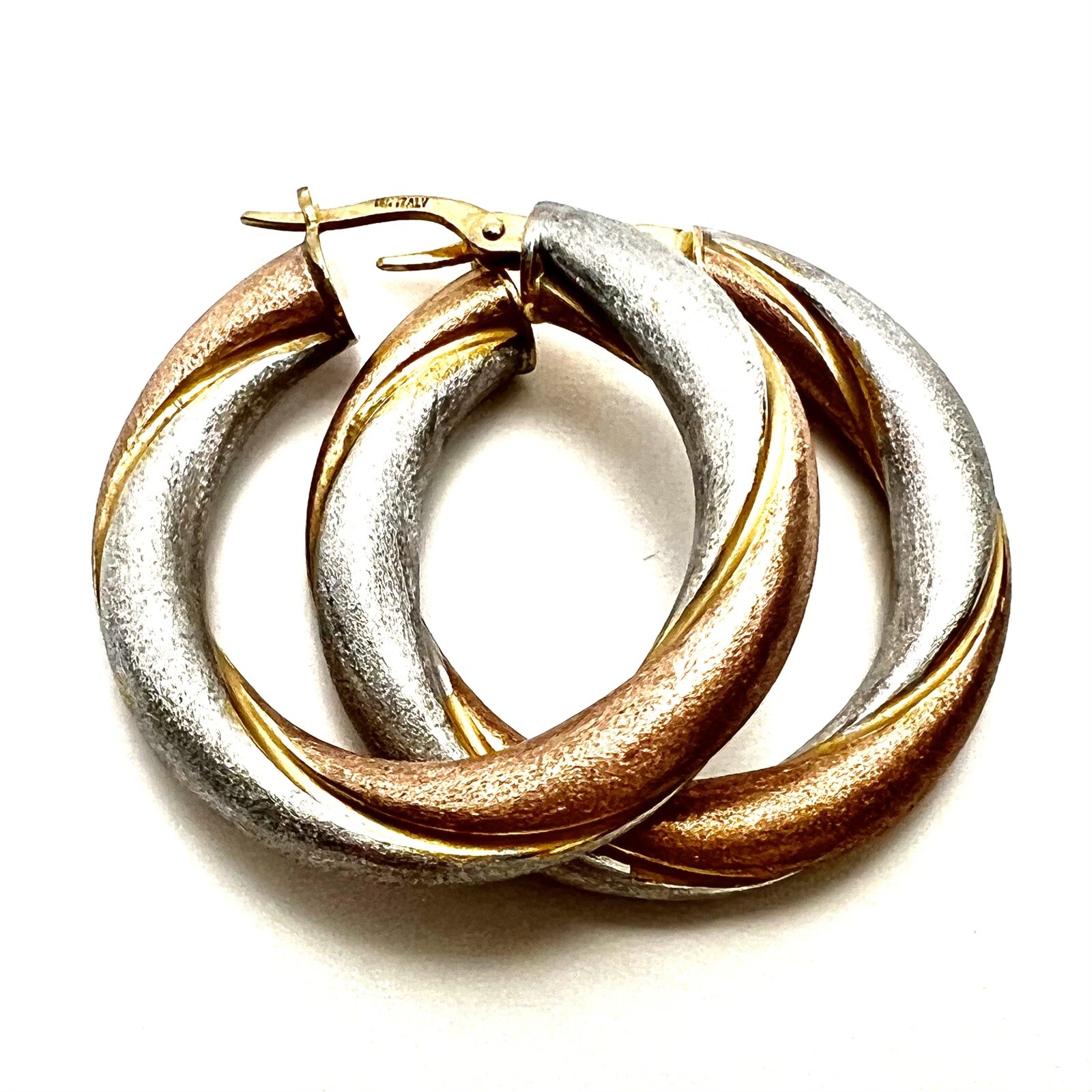 Satin Brushed Texture Hollow 14k Gold Italy Tri Color Hoop Earrings 4.82 Grams