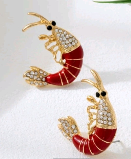 Super Cute Shrimp Stud Earrings, Rinestone Embellished Goldtone, Red Enamel