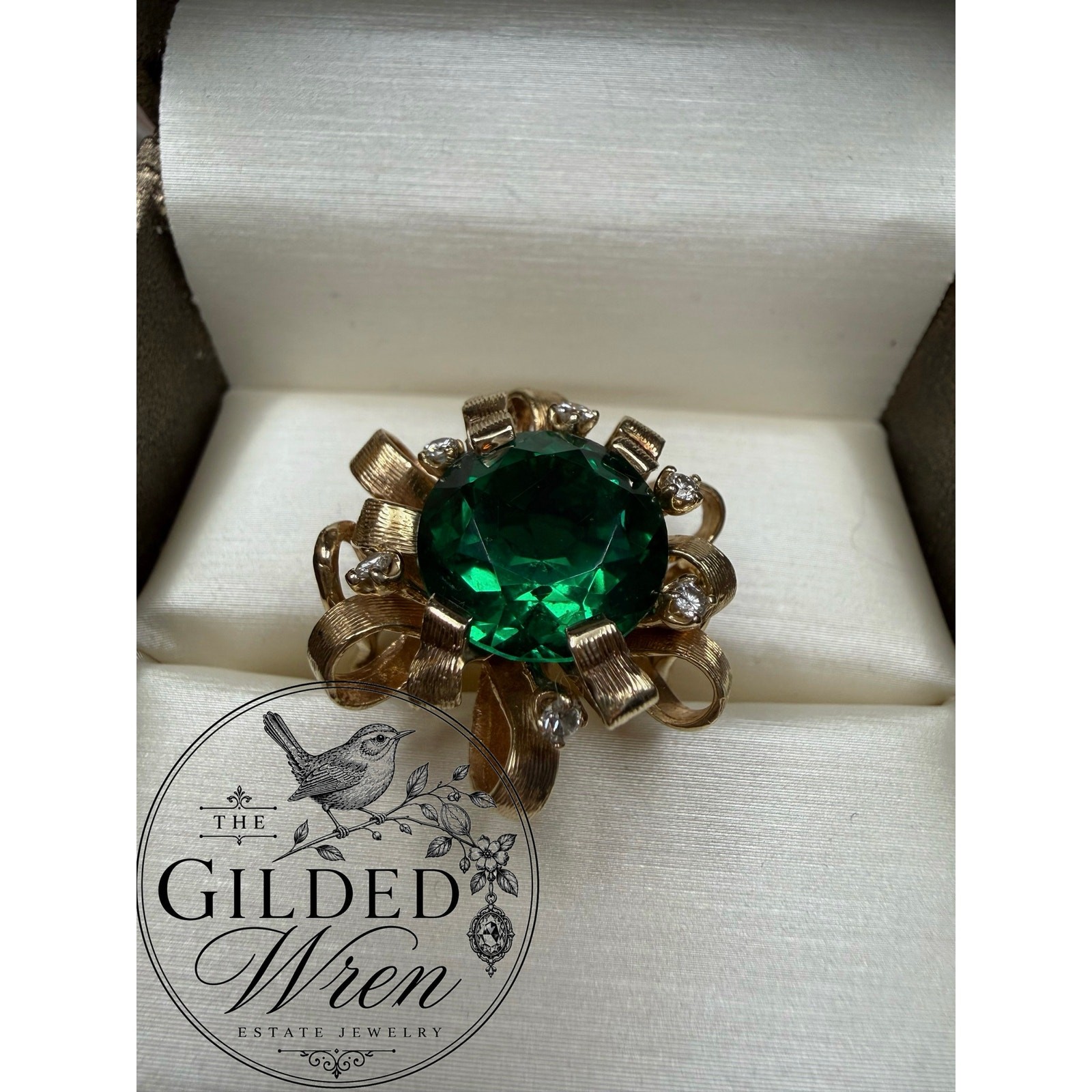 Vintage 14K Gold Hollywood Regency Ribbon Ring | Simulated Emerald 9.28g Sz 6.5