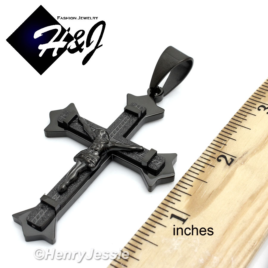 18-40″MEN Stainless Steel 9mm Black Plated Cuban Chain Necklace Cross Pendant*28