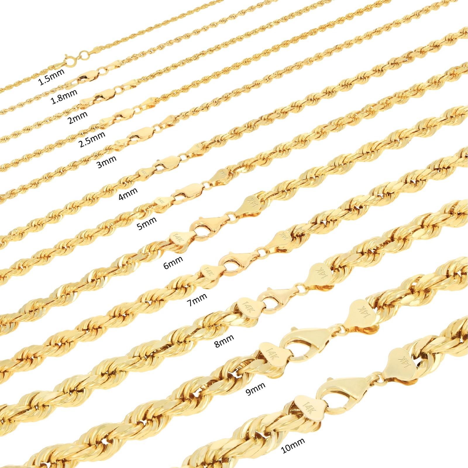 14K Yellow Gold Diamond Cut Rope 2mm-5mm Chain Link Bracelet Women Men 7″ 8″ 9″