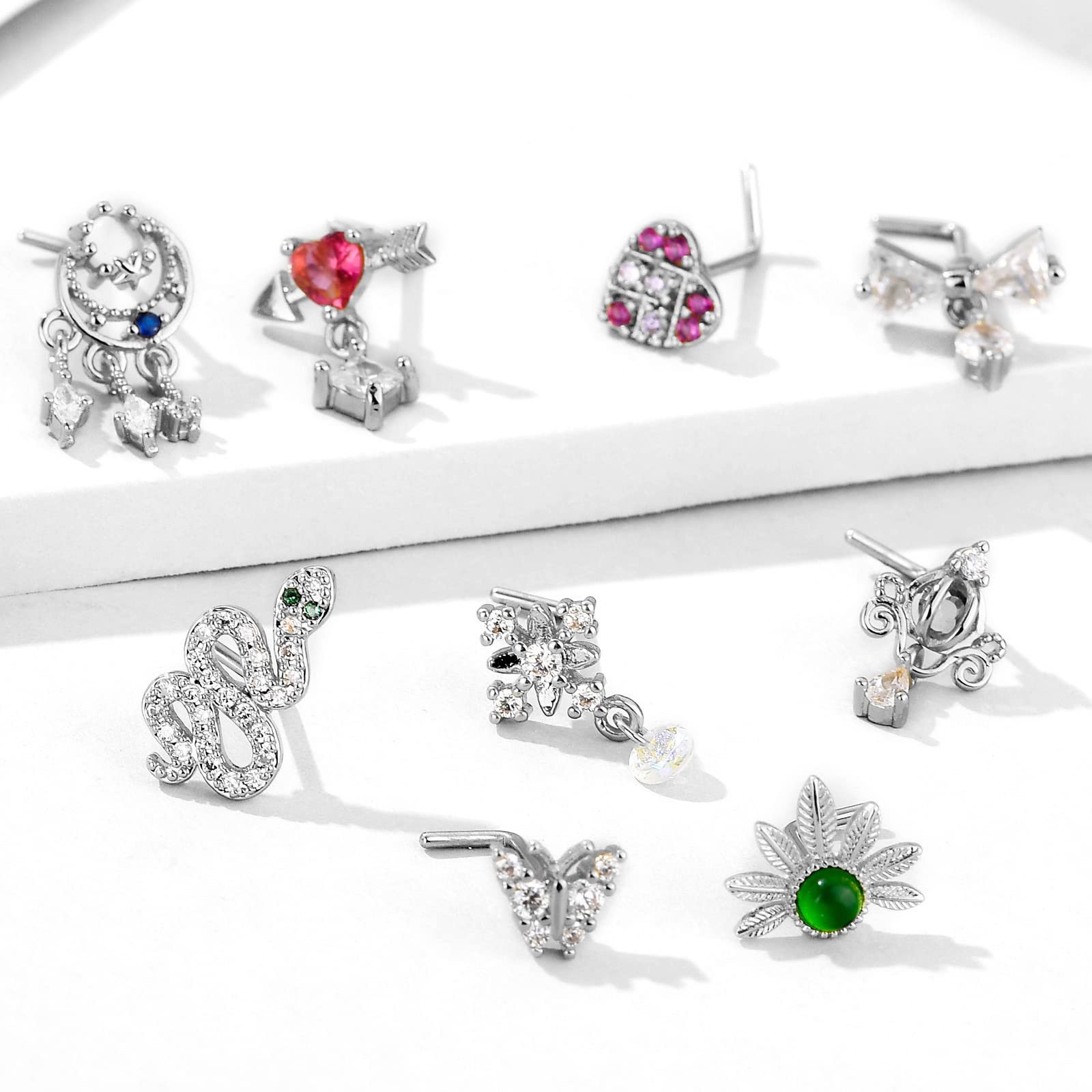 18Pcs 18G Nose Rings L Shape Nose Ring Stud for WomenButterfly Nose Ring Hea…