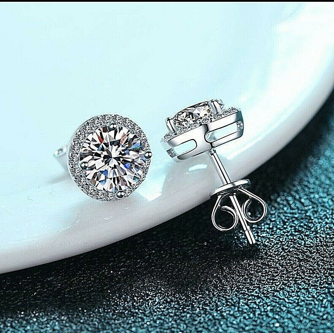 4 Ct Halo Round Cut Simulated Diamond Stud Earrings 14K White Gold Finish