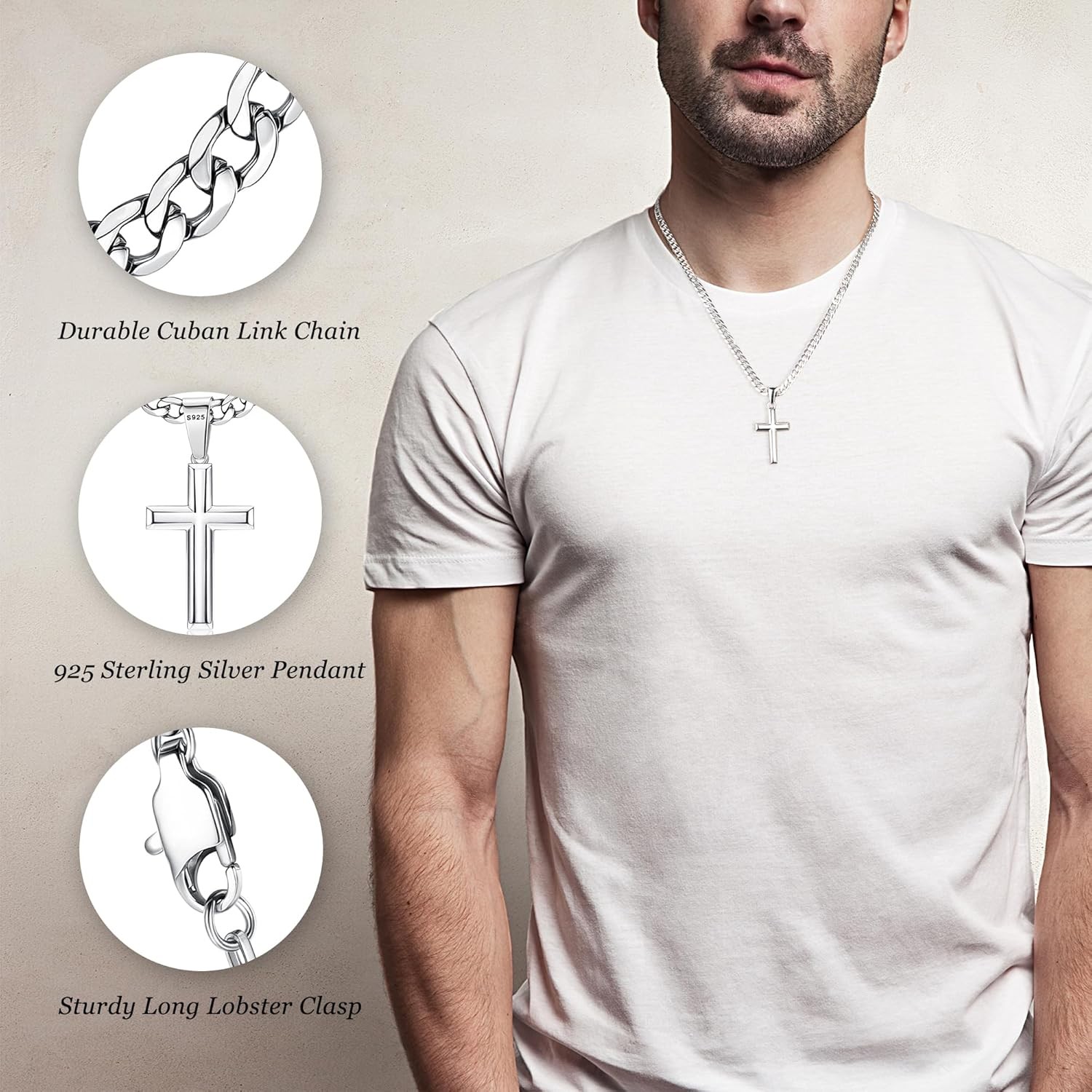 Besteel 925 Sterling Silver Cross Necklace for Men Women | 5mm 316L Stainless St